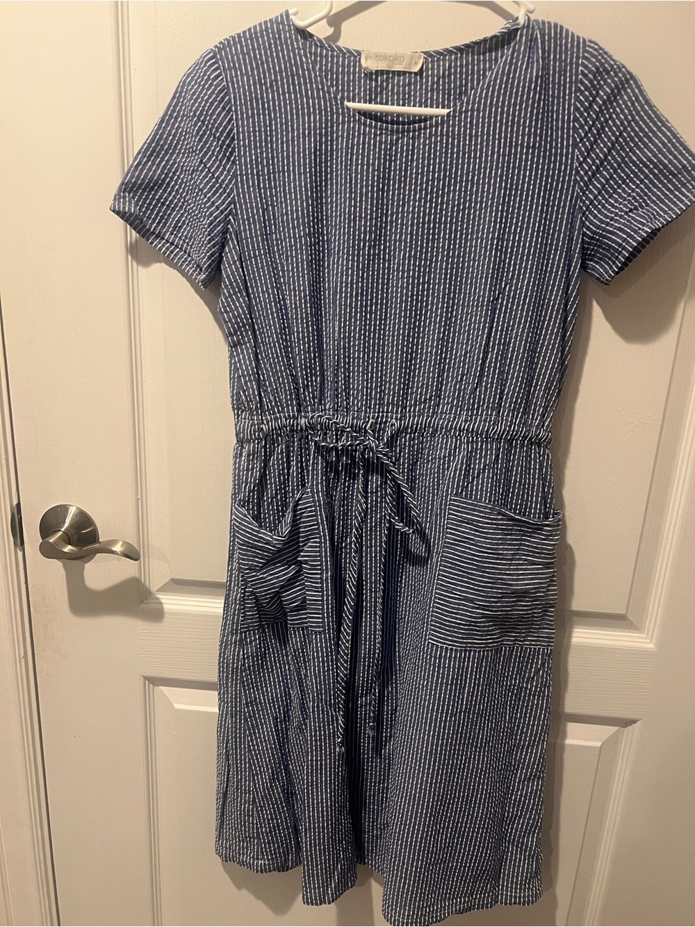 Striped Drawstring Pocket Midi Dress in Blue and White